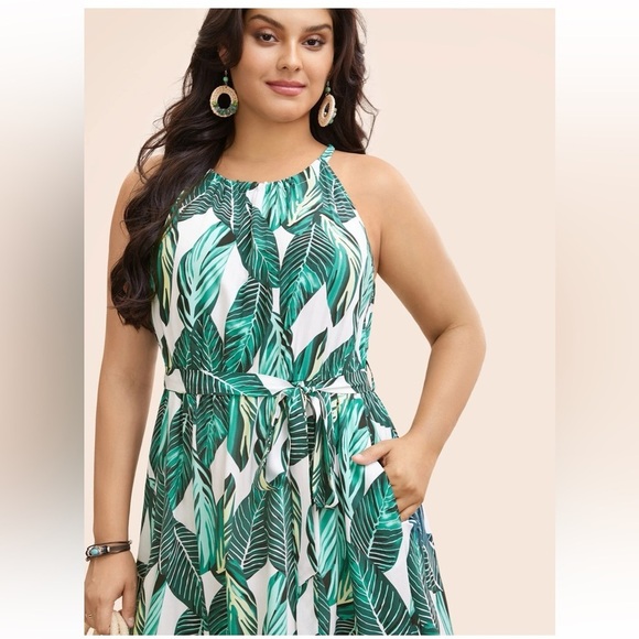 BloomChic Tropical Print Knotted Pocket Ruffles Belted Halter Dress us12 - Picture 3 of 8